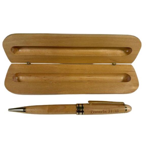 Bamboo Wooden Wood Ballpoint Pen + Case Engraved Proverbs 31:28 Scripture Verse - Picture 3 of 16